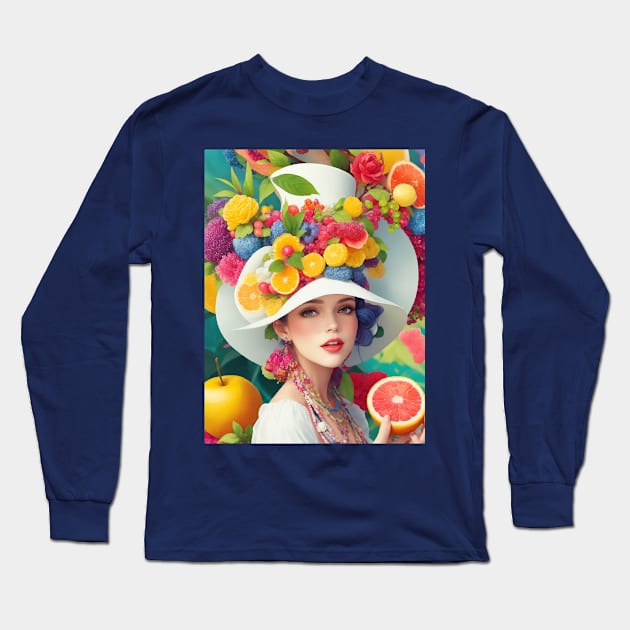 А woman with a white hat and some colorful fruity Long Sleeve T-Shirt by CatCoconut-Art